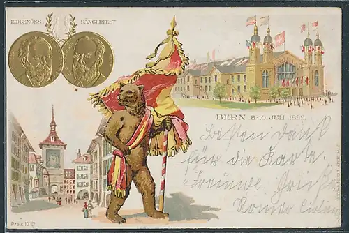 Lithographie Bern, Eidgenössisches Sängerfest 1899, Bär mit Fahne, geprägte Medaillen