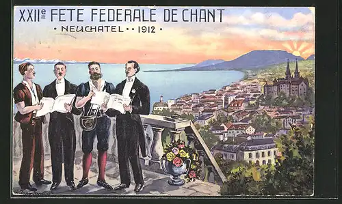 Künstler-AK Neuchatel, Fete Fédérale de Chant 1912, Sängerfest, Sänger auf einer Terrasse