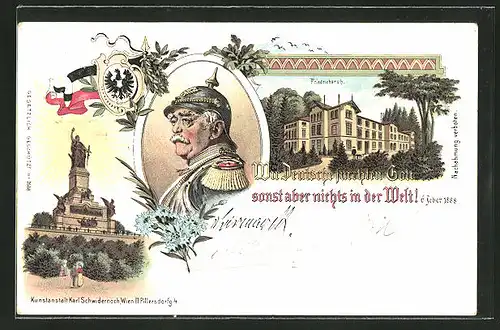 Lithographie Friedrichsruh, Schloss Friedrichsruh, Fürst Bismarck, Nationaldenkmal auf dem Niederwald