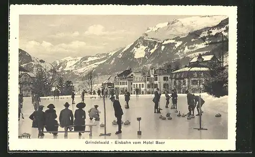 AK Grindelwald, Männer beim Curling auf der Eisbahn vom Hotel Baer