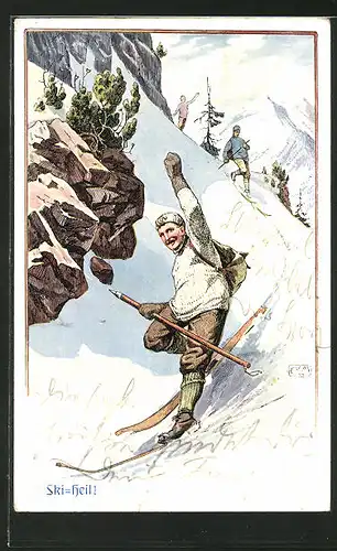 Künstler-AK Carl Moos: "Ski-Heil!", Skifahrer bei rasanter Abfahrt