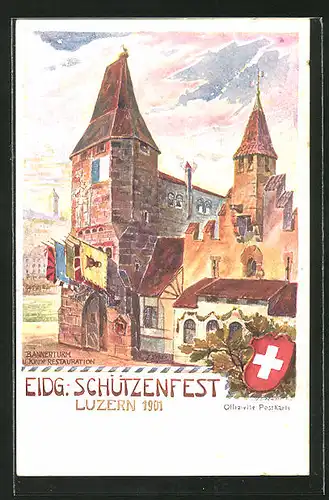Künstler-AK Luzern, Eidg. Schützenfest 1901, Bannerturm und kleines Restaurant