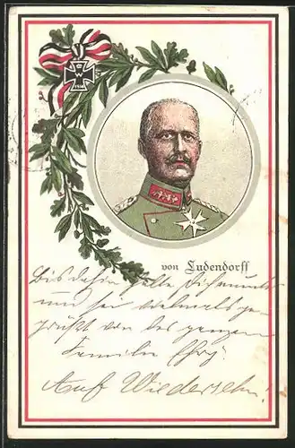 AK Portrait von Erich Ludendorff mit Mistelzweigen und Reichskriegs-Schleife