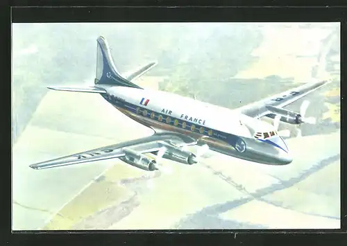 AK Air France Vickers "Viscount" über Feldern, Flugzeug
