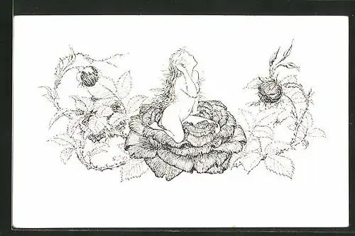 Künstler-AK Fidus: "Wenn du eine Rose schaust...", Frau sitzt nackt auf einer Rose