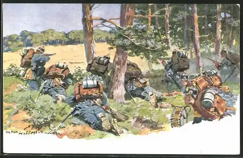 Künstler-AK Anton Hoffmann - München: Soldaten der Infanterie in Position am Waldrand