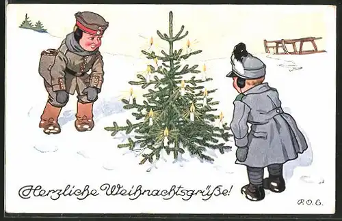 Künstler-AK P. O. Engelhard (P.O.E.): Kinder als Soldaten freuen sich über einen Weihnachtsbaum
