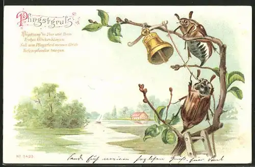 Lithographie Maikäfer mit Glocke auf einem Zweig und Pfingstgruss