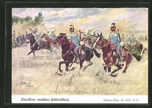 Künstler-AK Döbrich-Steglitz: Kavallerie attackiert Feldartillerie, Ulanen-Regt. 18 XIX. A. K.