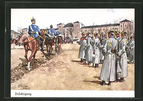 Künstler-AK Döbrich-Steglitz: Offiziere bei der Besichtigung einer Kaserne