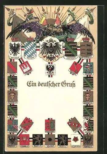 Künstler-AK Bruno Bürger & Ottillie Nr. 8598: Ein deutscher Gruss, Wappen deutscher Adelshäuser und Reichsadler
