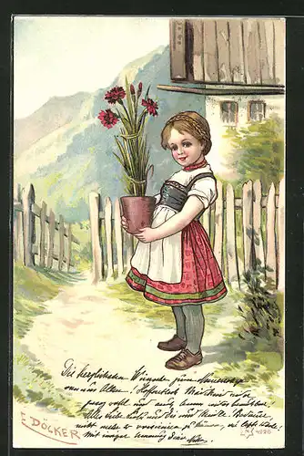 Künstler-Lithographie E. Döcker: Mädchen mit Topfpflanze