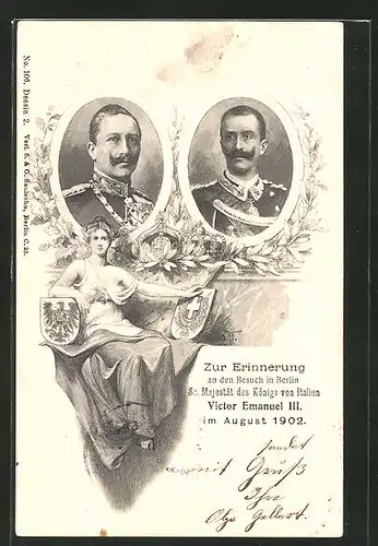 AK Portrait Kaiser Wilhelm II. und König Victor Emanuel von Italien, Siegesgöttin mit Wappen