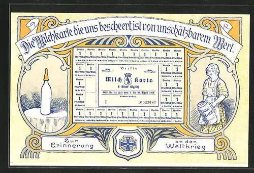 AK "Die Milchkarte die uns bescheert...", Milchkarte Berlin, Kriegsnot