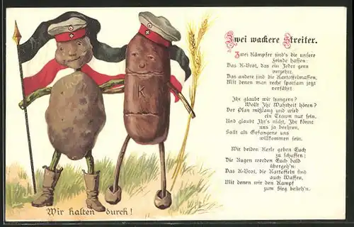 AK Gedicht: "Zwei wackere Streiter", Kartoffel und Brot als Soldaten, Kriegsnot
