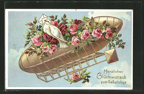 Präge-AK Zeppelin mit Rosen geschmückt und Brieftaube