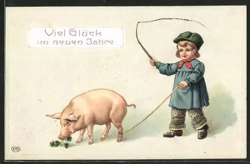 Präge-AK Neujahrsgruss, Knabe treibt sein Schwein mit einer Peitsche an
