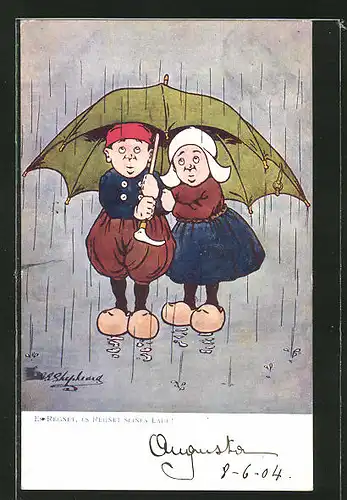 Künstler-AK George Edward Shepheard: "Es regnet seinen Lauf!", Holländer Paar unter einem Schirm