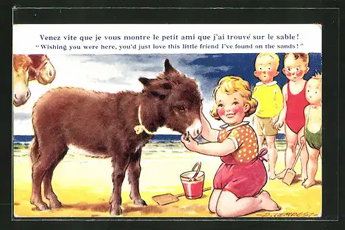 Künstler-AK Douglas Tempest: Kinder mit Esel am Strand
