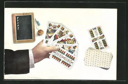 AK Hand mit Kartenspiel, Skat, Schreibtafel