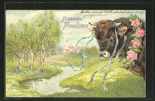 Präge-AK Pfingsochse mit Bändern und Blumen geschmückt, Bachlauf im Frühling, "Fröhliche Pfingsten"