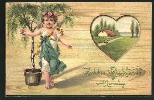 Holzbrand-Imitations-AK Mädchen mit Rosen im Haar, Blick durch ein Holz-Herz auf ein Haus, Glückwunsch zum Namenstag