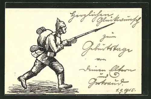 Künstler-AK Handgemalt: Soldat in Uniform mit Pickelhaube und Bayonett, Schützengraben
