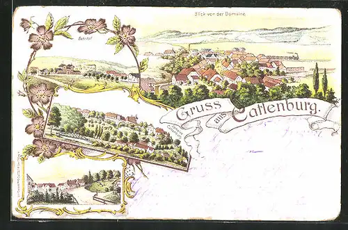 Lithographie Catlenburg, Ortsansicht von der Domaine Catlenburg, Blick auf den Bahnhof