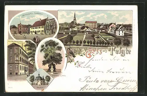 Lithographie Telgte, Ortsansicht, Knickenberg'sches Institut, Marktplatz, Marien-Linde und Kapelle