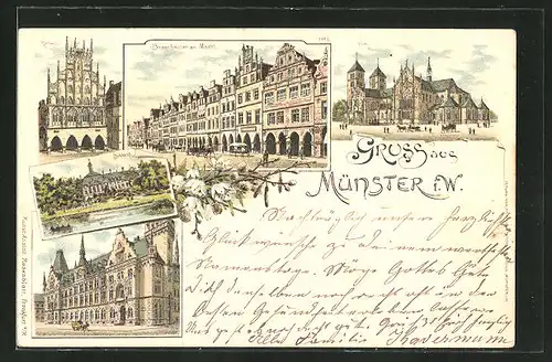 Vorläufer-Lithographie Münster i. Westf., 1895, Rathaus, Dom, Schloss, Bogenhäuser am Markt