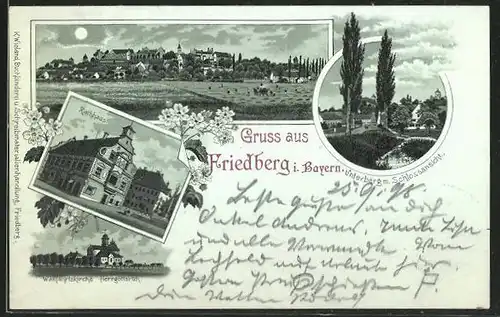 Mondschein-Lithographie Friedberg i. Bayern, Rathaus, Wallfahrtskirche Herrgottsruh, Ortsansicht