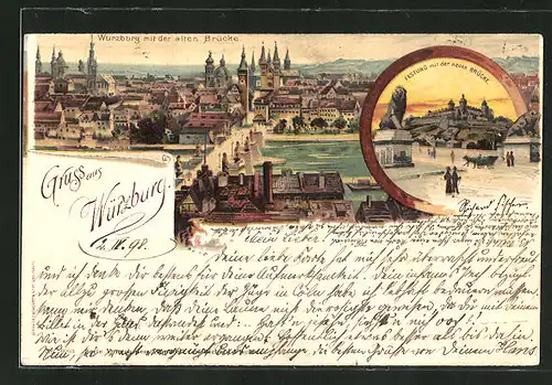 Lithographie Würzburg, Festung mit neuer Brücke, Teilansicht der Stadt mit alter Brücke
