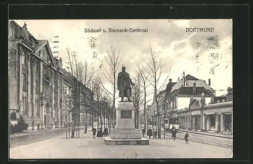 AK Dortmund, Südwall-Strasse und Bismarckdenkmal