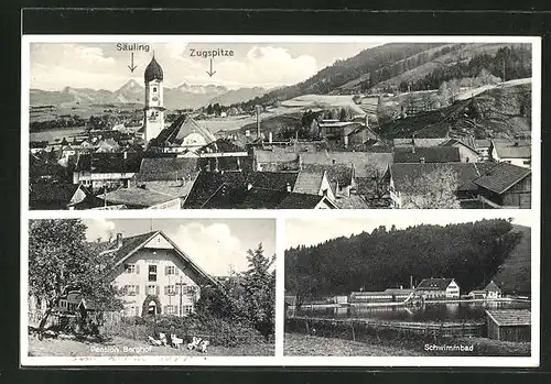 AK Nesselwang-Niederhöfen, Hotel-Pension Gut Berghof, Schwimmbad und Panorama mit Zugspitze