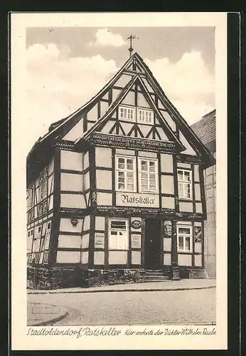 AK Stadtoldendorf, Gasthaus Ratskeller, hier wohnte der Dichter Wilhelm Raabe