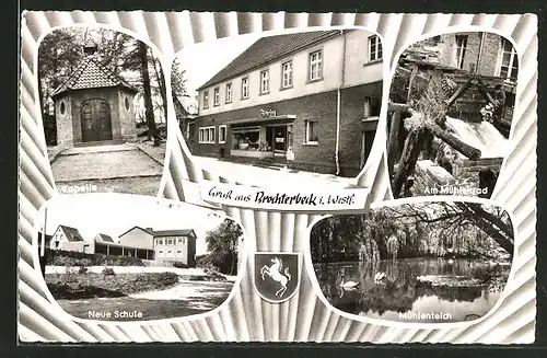 AK Brochterbeck i. Westf., Kapelle, Gasthaus Dorfkrug, Neue Schule und Mühlenteich