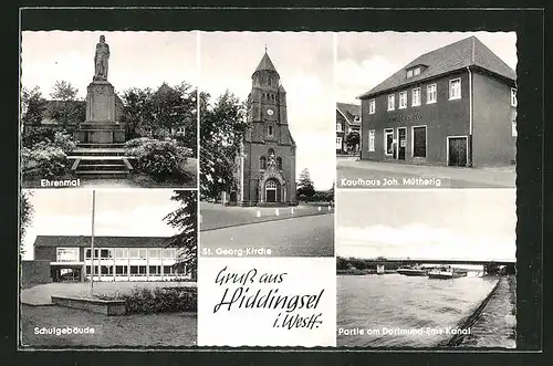 AK Hiddingsel / Westf., Ehrenmal, St. Georg-Kirche, Schule