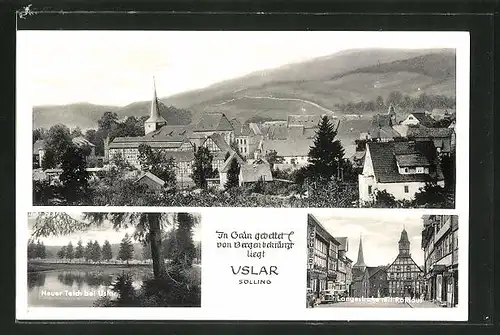 AK Uslar, Ortsansicht mit Kirche, Neuer Teich, Langestrasse mit Rathaus