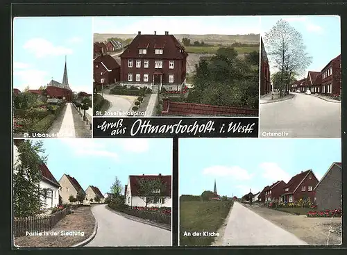 AK Ottmarsbocholt / Westf., St. Urbanus-Kirche, Kirche, St. Josefs-Hospital