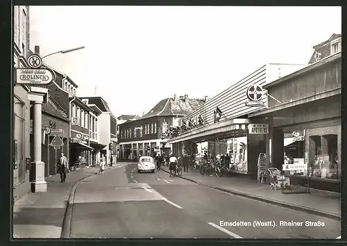 AK Emsdetten / westf., Rheiner Strasse mit Geschäften