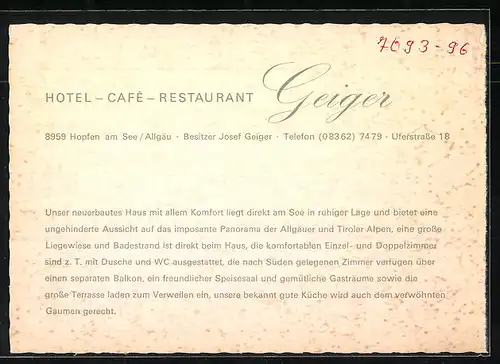 AK Hopfen a. See / Allgäu, Hotel-Café-Restaurant Geiger