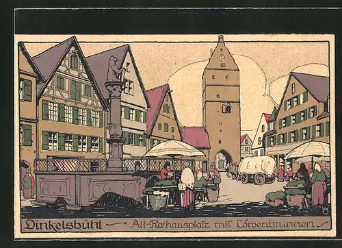 Steindruck-AK Dinkelsbühl, Alt-Rathausplatz mit Löwenbrunnen