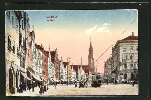 AK Landshut, Strassenbahn in der Altstadt