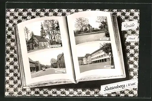 Grusskarten-AK Sassenberg i. Westf., Ansichten im Fotoalbum, Volksschule, Ehrenmal, Strassenpartie