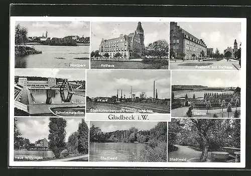 AK Gladbeck i. Westf., Steinkohlenbergwerk Möller-Schächte, Schwimmstadion, Haus Wittringen