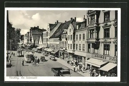 AK Flensburg, Südermarkt-Strasse mit Strassenbahnen