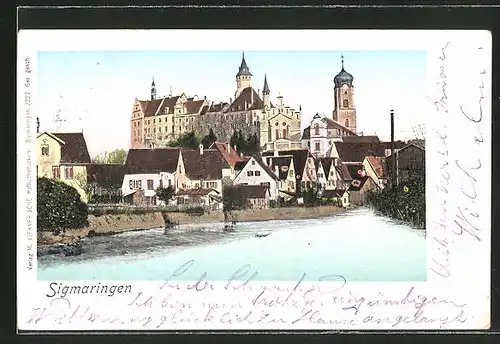 Goldfenster-AK Sigmaringen, Ortsansicht mit Schloss und leuchtenden Fenstern