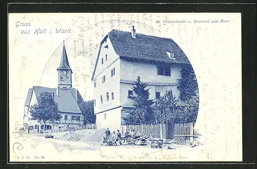 AK Hall i. Württ., St. Urbanskirche und Brauerei zum Stern