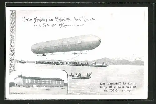 Künstler-AK Friedrichshafen, Erster Aufstieg des Luftschiffes Graf Zeppelin am 2. Juli 1900