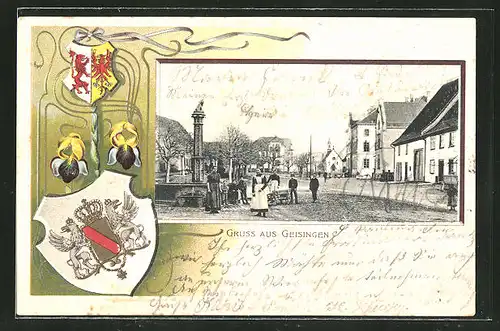 Passepartout-Lithographie Geisingen, Ortspartie mit Brunnen und Wappen